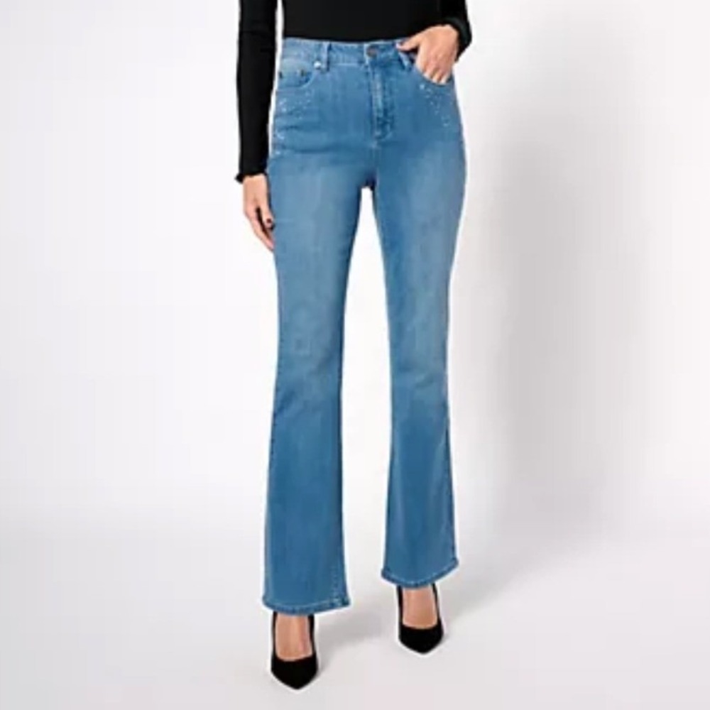 Susan Graver Jeans‎ Women 26W Blue Embellished Bootcut Denim NWT Rhinestone Soft